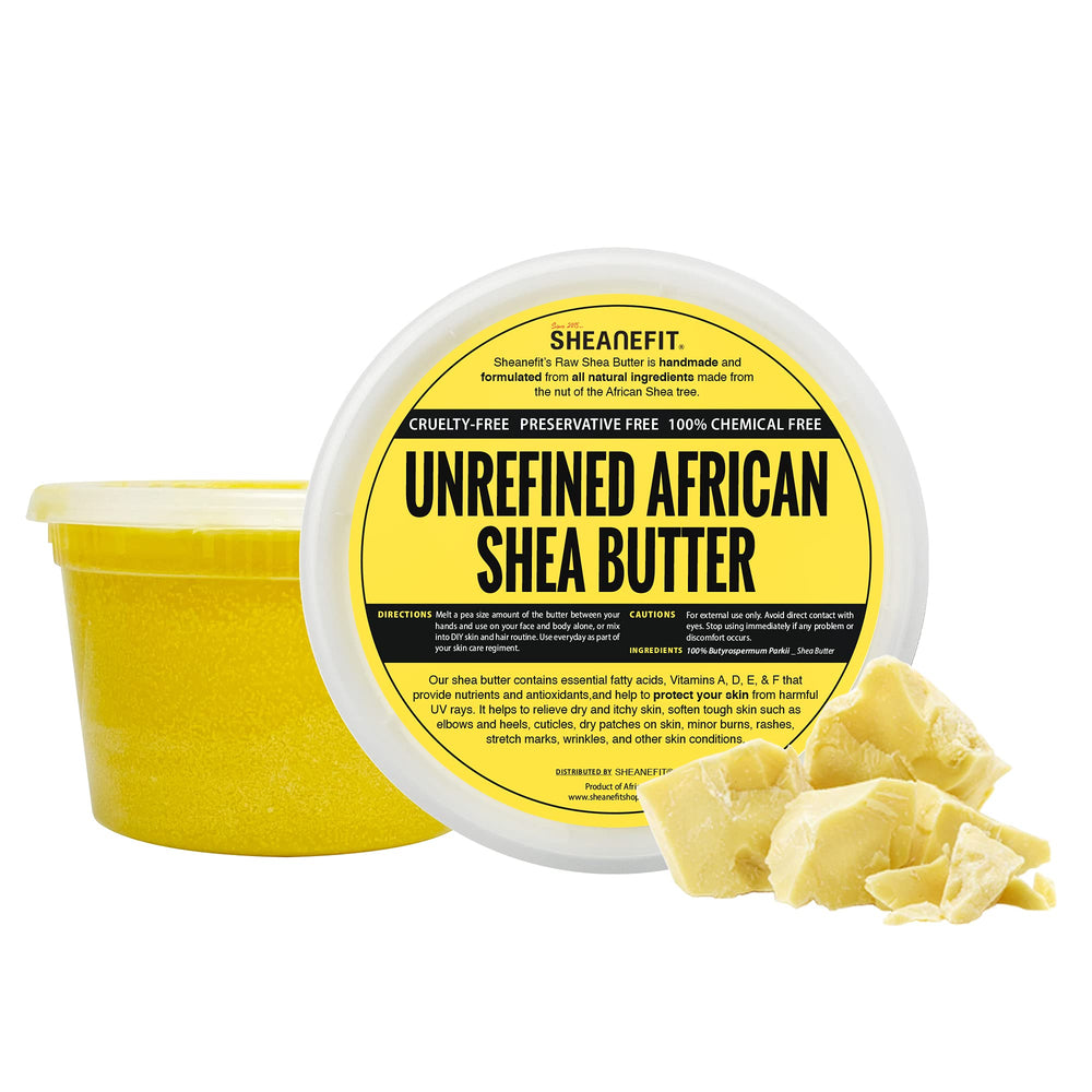 Sheanefit manteca de karité cruda en envase amarillo, hidratación diaria.