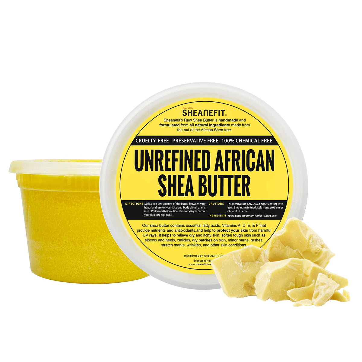 Sheanefit manteca de karité cruda en envase amarillo, hidratación diaria.