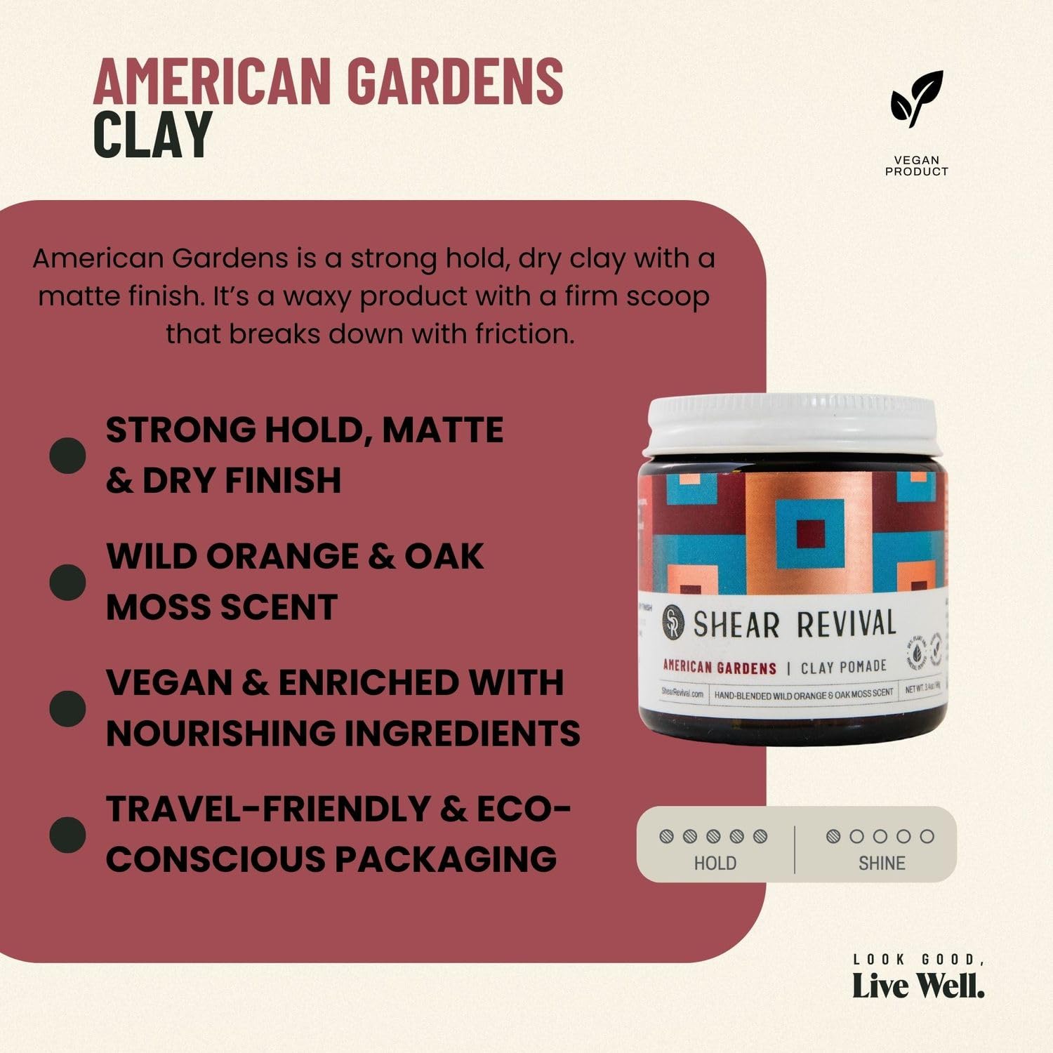 Etiqueta de la jarra Shear Revival American Gardens, aroma a naranja y musgo para experiencia sensorial.