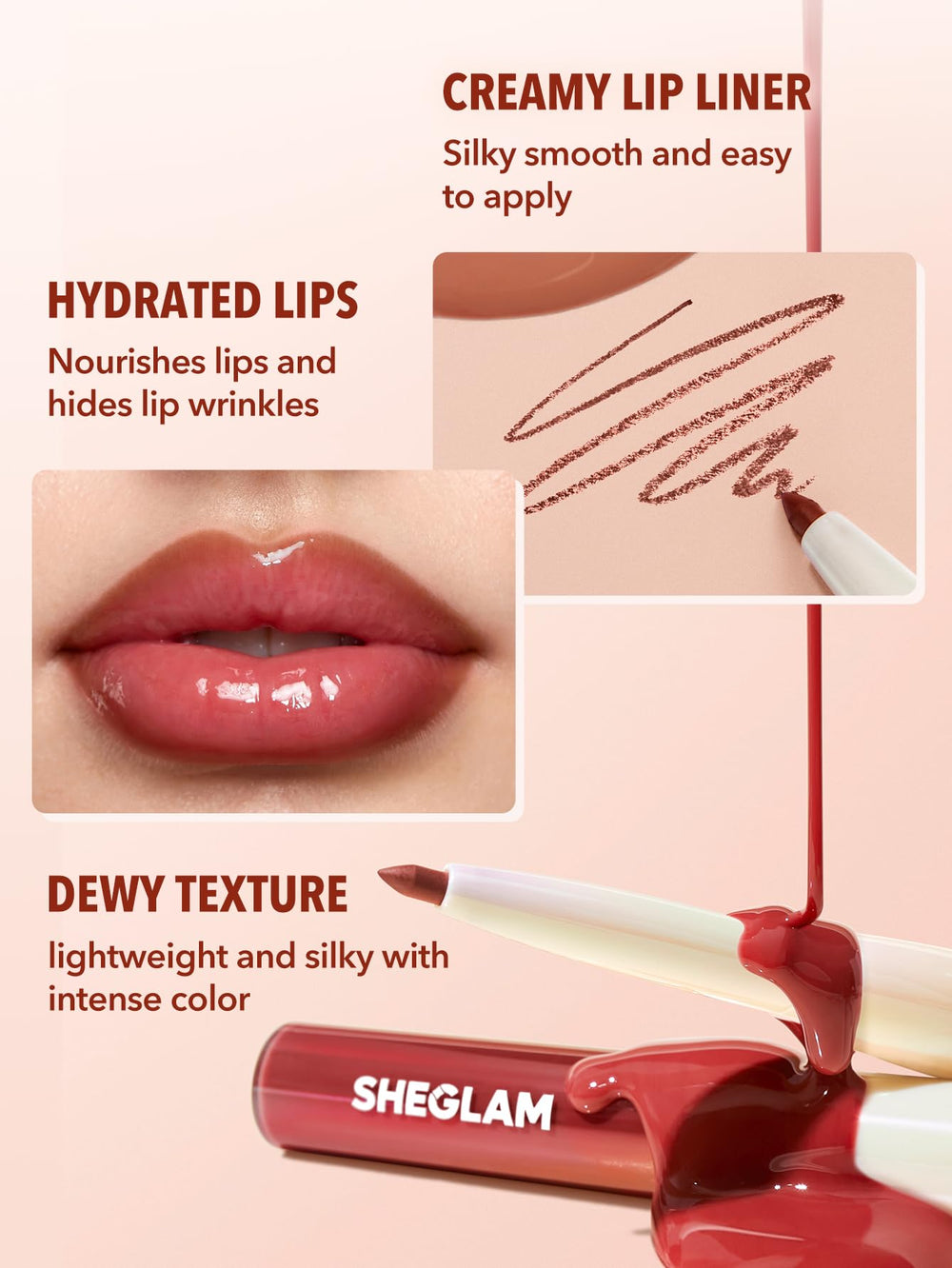 SHEGLAM 2 en 1 lápiz y brillo que hidratan labios.