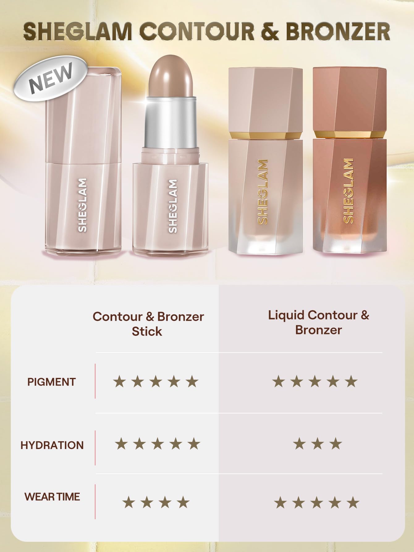 SHEGLAM Barra Cremosa de Contorno y Bronceado – Sol Dorado, ácido hialurónico para confort.