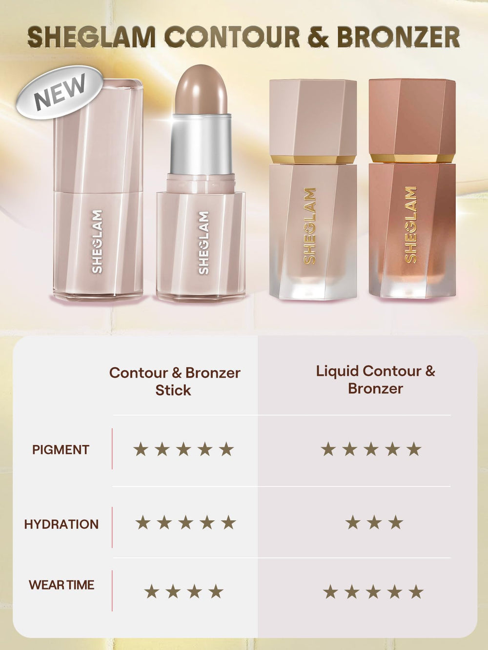 SHEGLAM Barra Cremosa de Contorno y Bronceado – Sol Dorado, ácido hialurónico para confort.