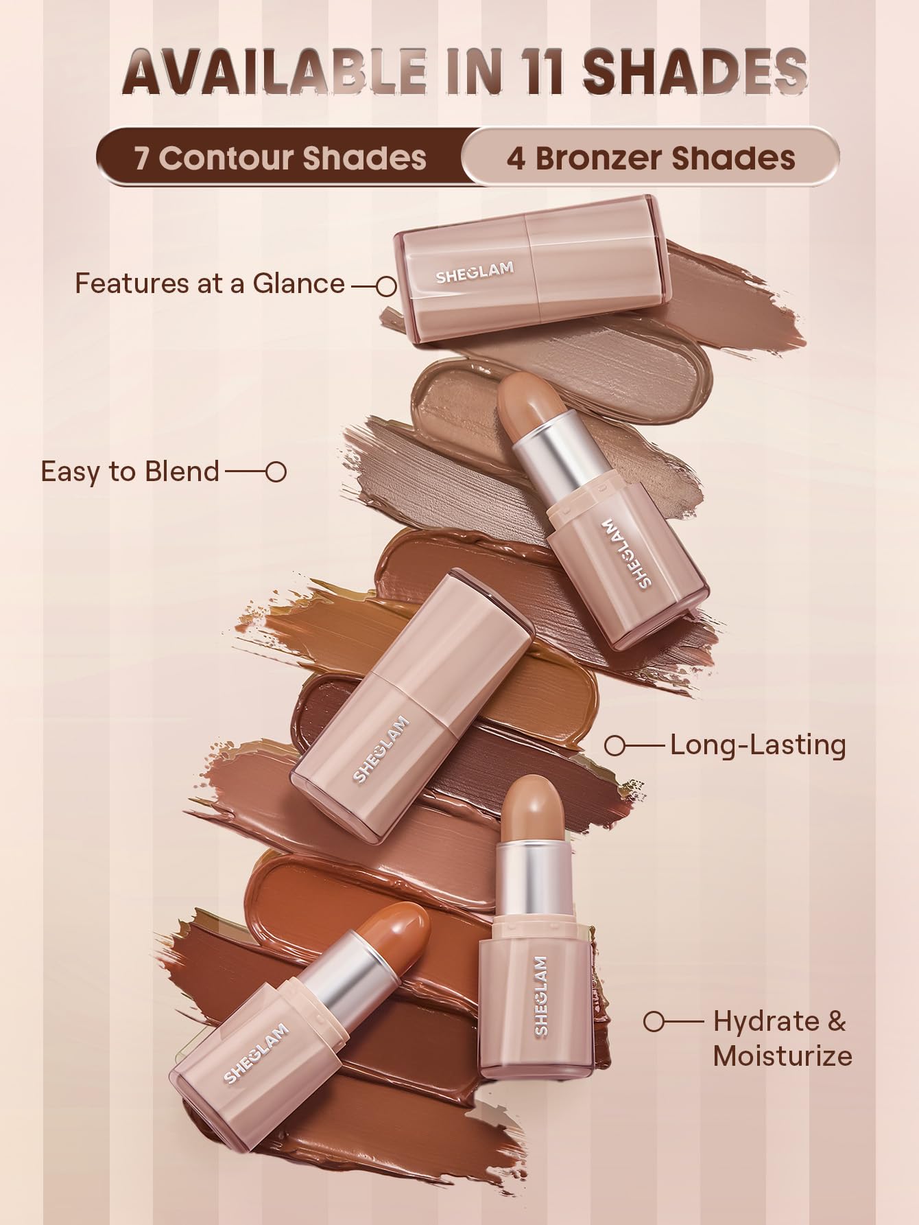 SHEGLAM Barra Cremosa de Contorno y Bronceado – Sol Dorado, diseño cónico para definición precisa.