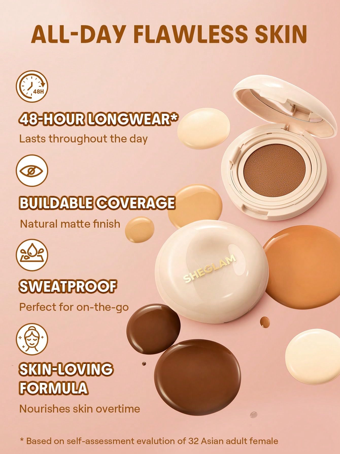 SHEGLAM base en cojín, textura suave que difumina imperfecciones