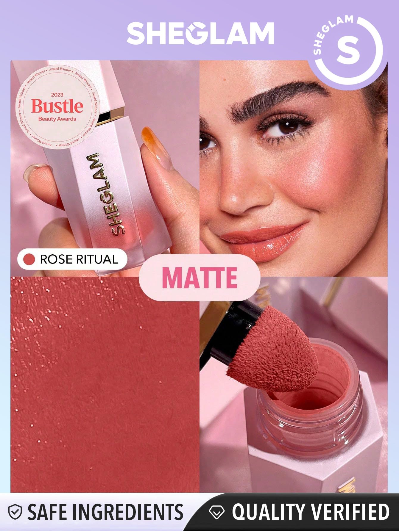 SHEGLAM Color Bloom envase compacto facilita retoques rápidos.