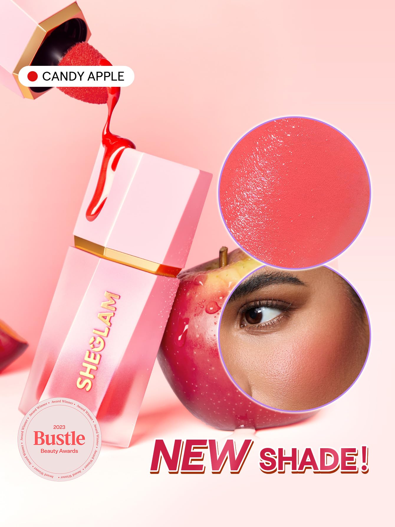SHEGLAM Color Bloom líquido Blush Candy Apple, aplicador integrado para aplicación precisa.