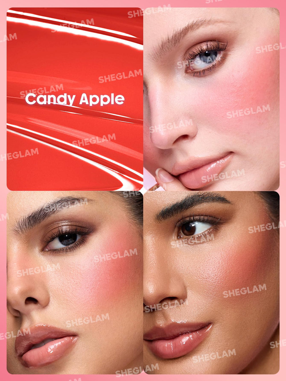 SHEGLAM Color Bloom líquido Blush Candy Apple, swatch en piel con color natural.