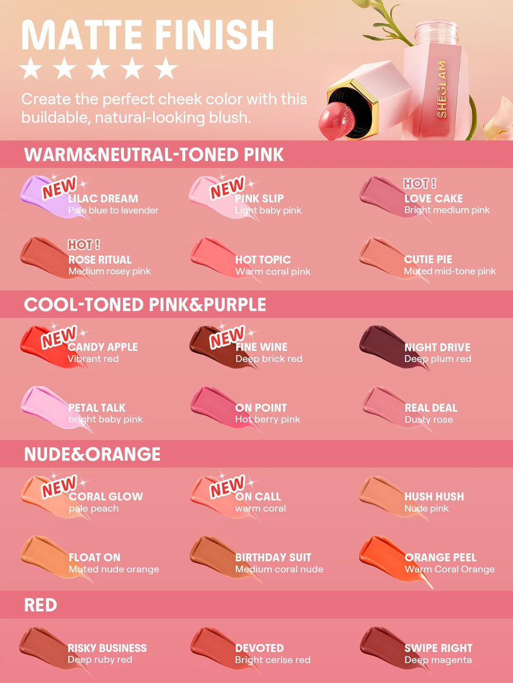 SHEGLAM Color Bloom líquido Blush Candy Apple, tono rosado suave para tez iluminada.