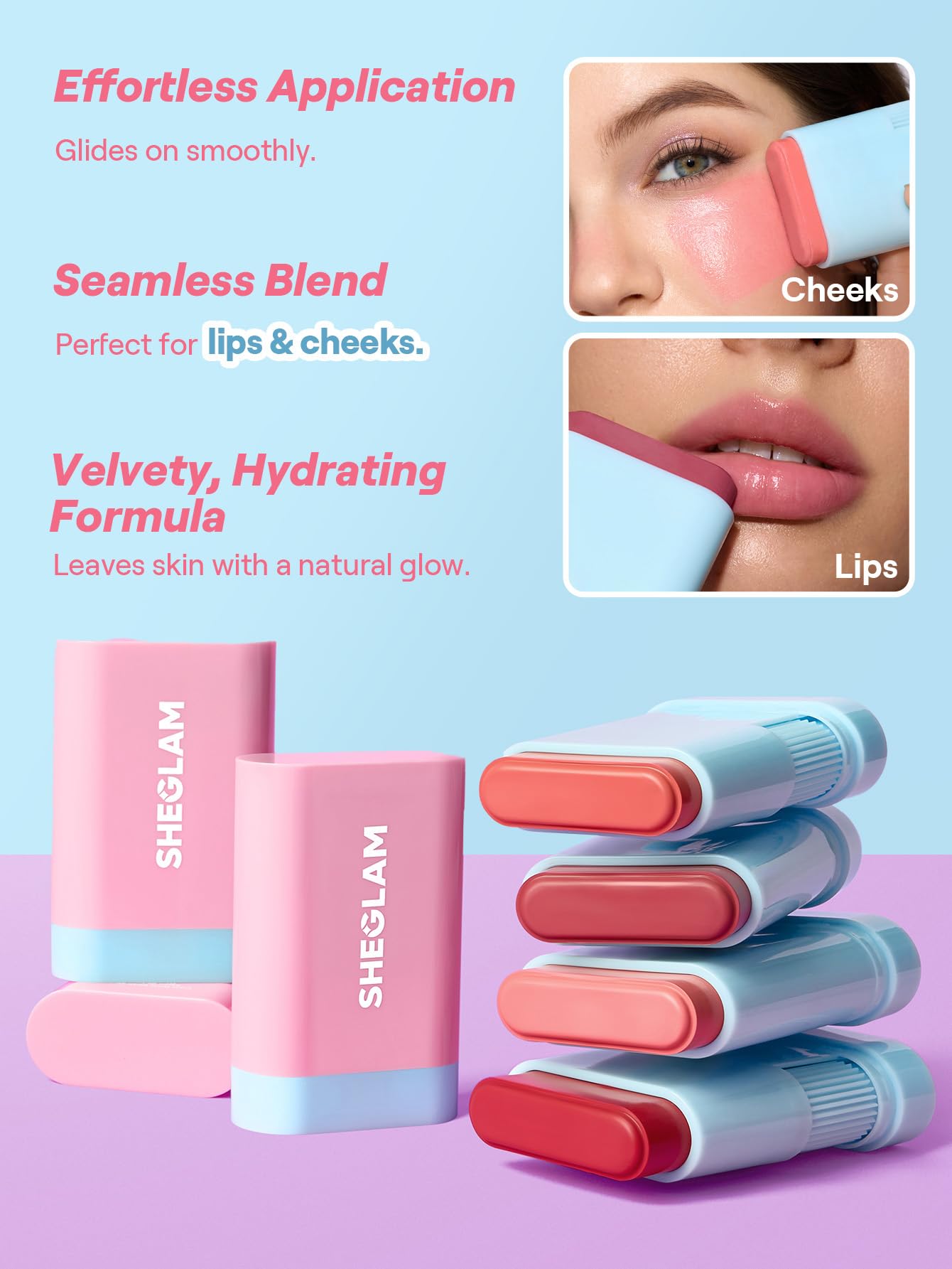 SHEGLAM Glow Blush Stick: color para labios y mejillas duradero y brillante.
