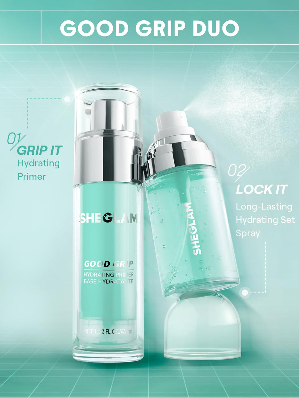 SHEGLAM Good Grip primer, envase libre de crueldad para belleza responsable.