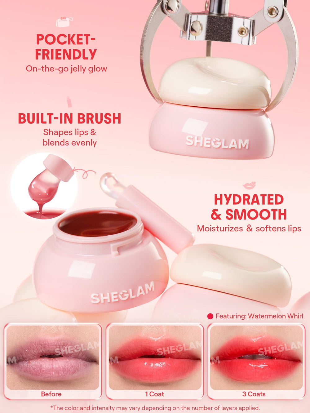 SHEGLAM Hydra Jelly aplicación diaria para labios nutridos y brillantes.