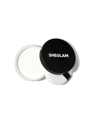 SHEGLAM Polvo Baked Glow en envase translúcido para control de brillo.