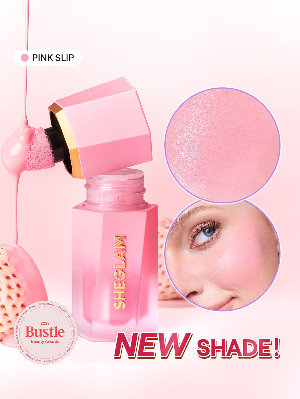 SHEGLAM rubor líquido rosa 007 muestra suave en la piel para estilos diarios.