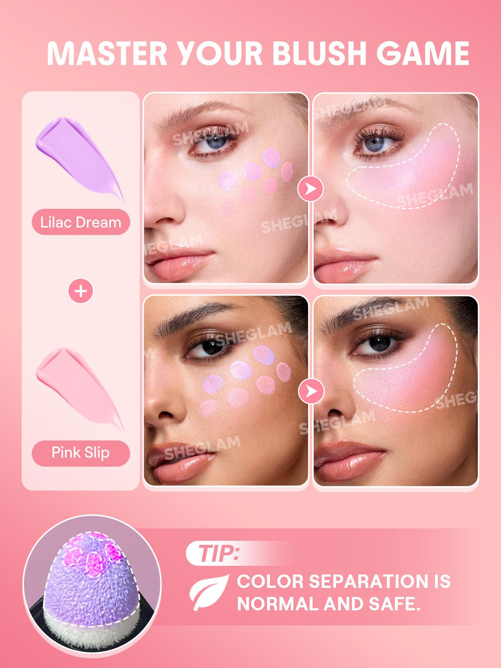 SHEGLAM rubor líquido rosa 007 acabado natural y tacto suave en la piel.