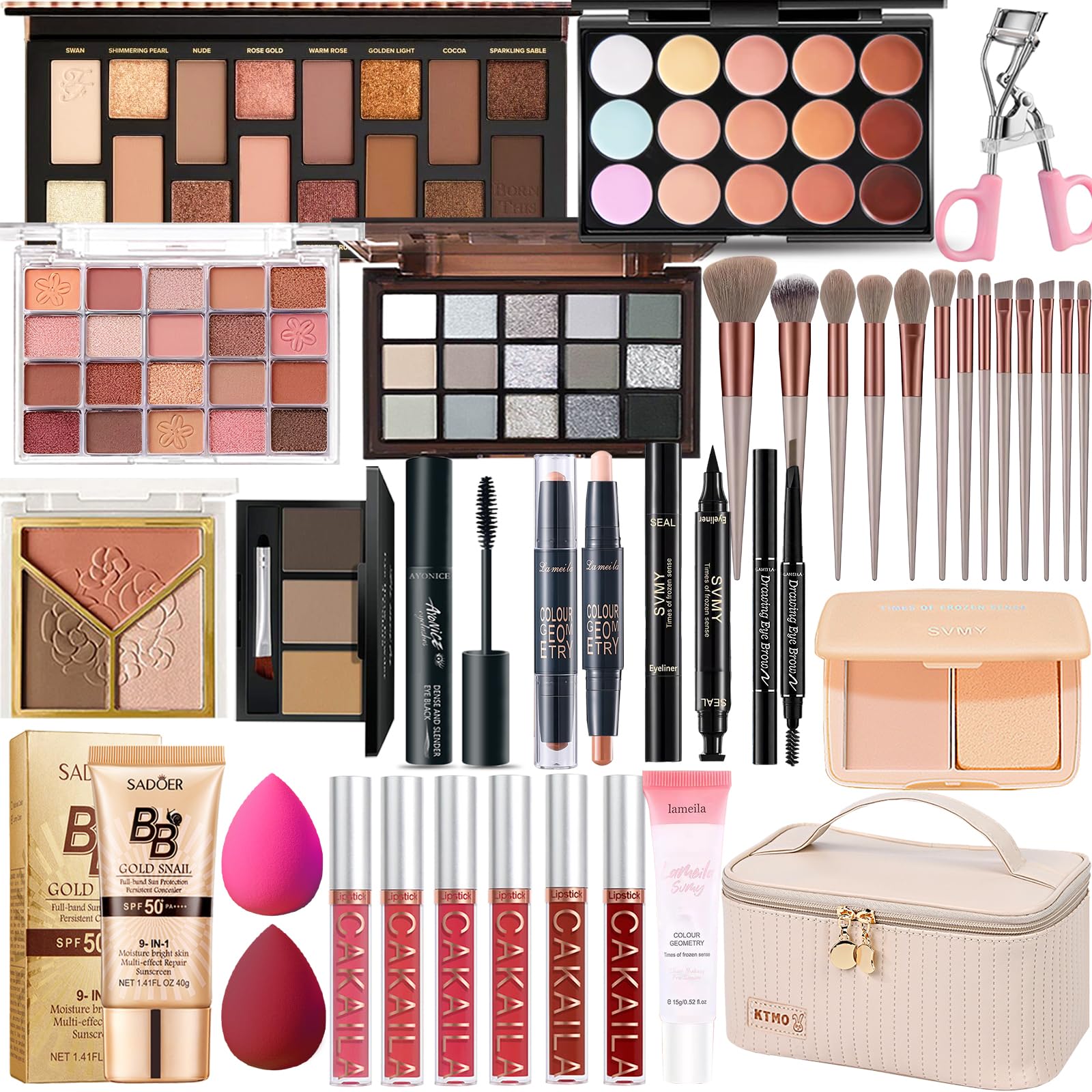 SHELAKIN kit todo-en-uno de maquillaje: paletas de sombras rosas para un look suave.