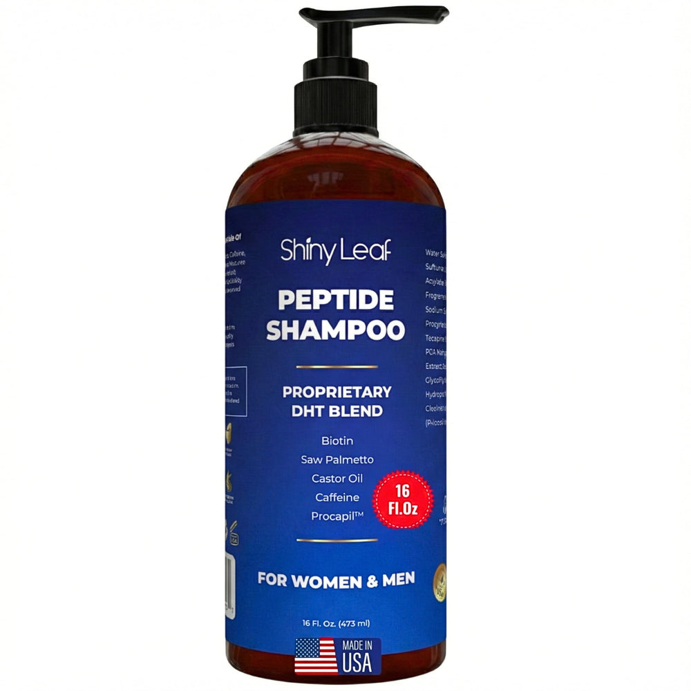 Shiny Leaf champú con péptidos anticaída: botella visible para fortalecimiento diario
