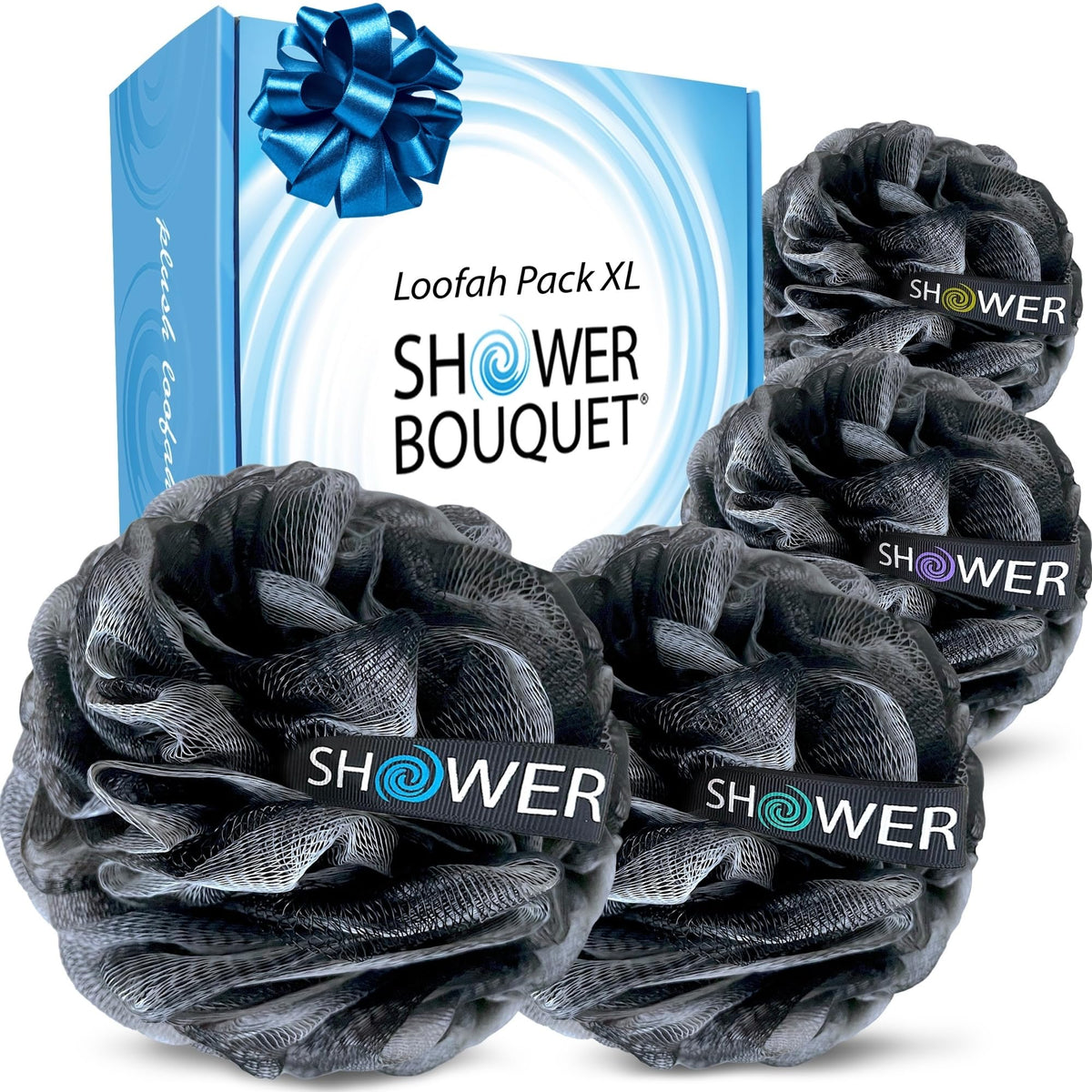 Shower Bouquet lufa carbón activado, pack de cuatro con nudo triple para mayor durabilidad.