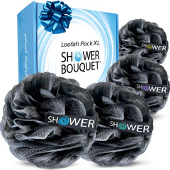 Shower Bouquet lufa carbón activado, pack de cuatro con nudo triple para mayor durabilidad.