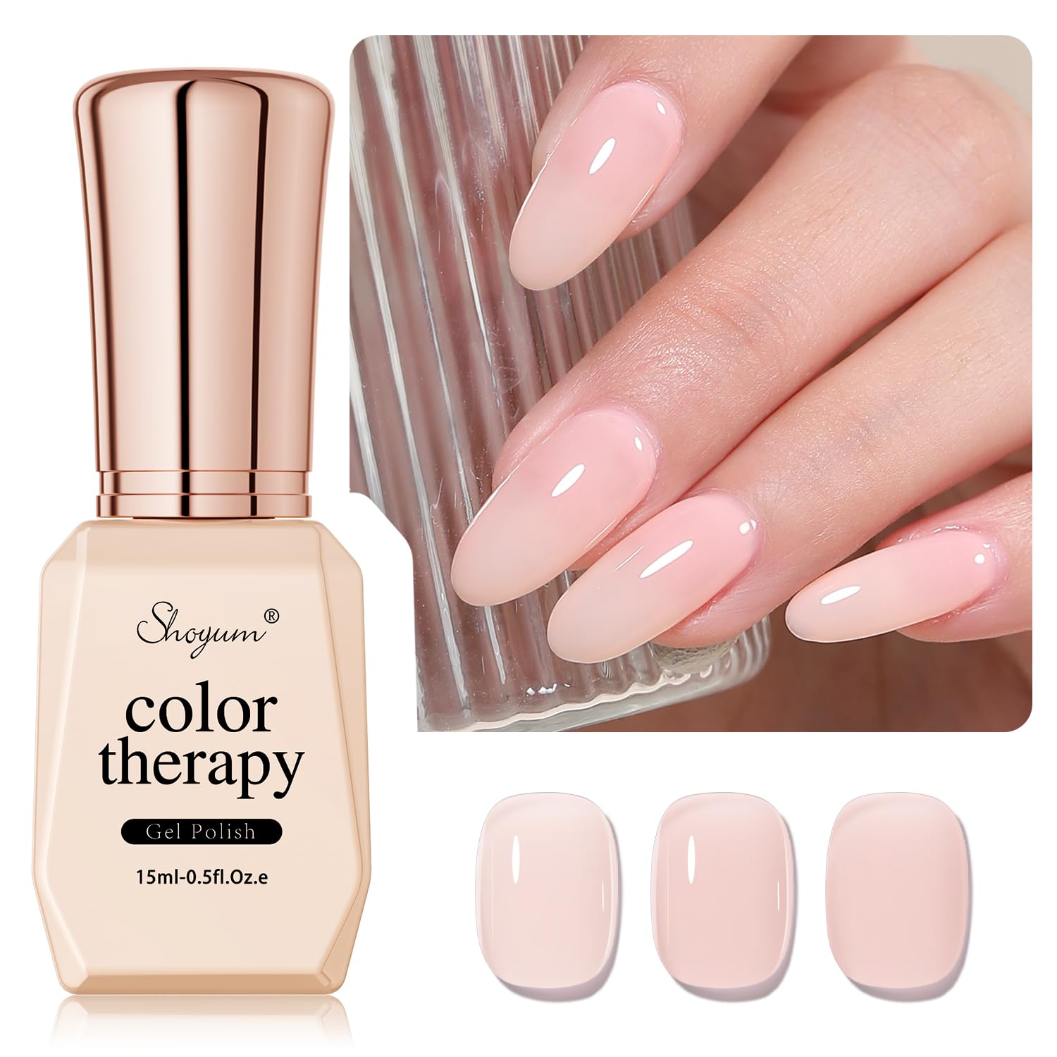SHOYUM esmalte gel nude pink, botella de 15 ml, aplicación suave para uñas.
