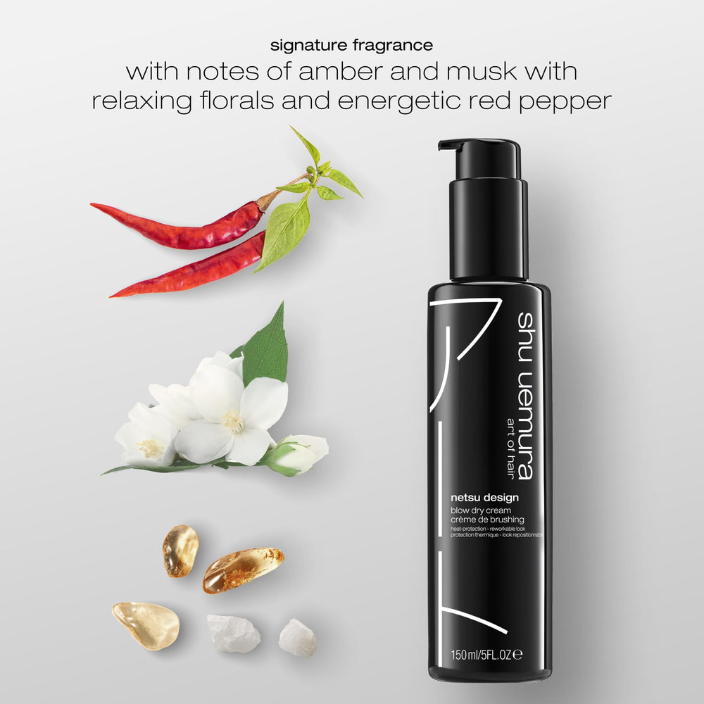 shu uemura art of hair Netsu Design Blow Dry Cream, cabello con acabado satinado y suave.
