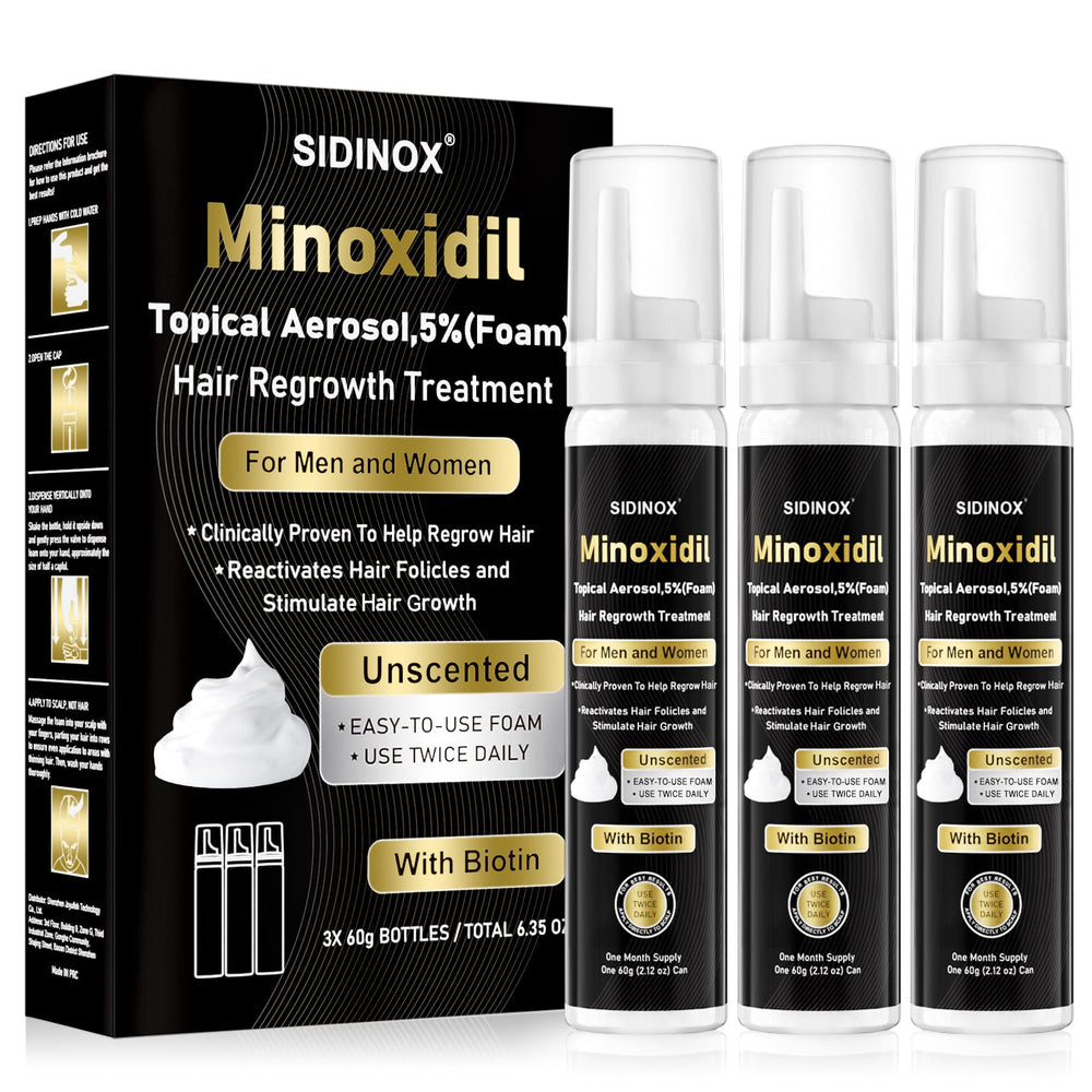 Sidinox Minoxidil 5% en botella, posible crecimiento capilar para hombres y mujeres.