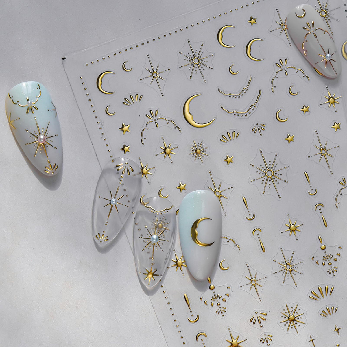 SiDreea adhesivos luna y estrella dorados con efecto 3D para uñas llamativas.