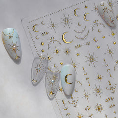 SiDreea adhesivos luna y estrella dorados con efecto 3D para uñas llamativas.