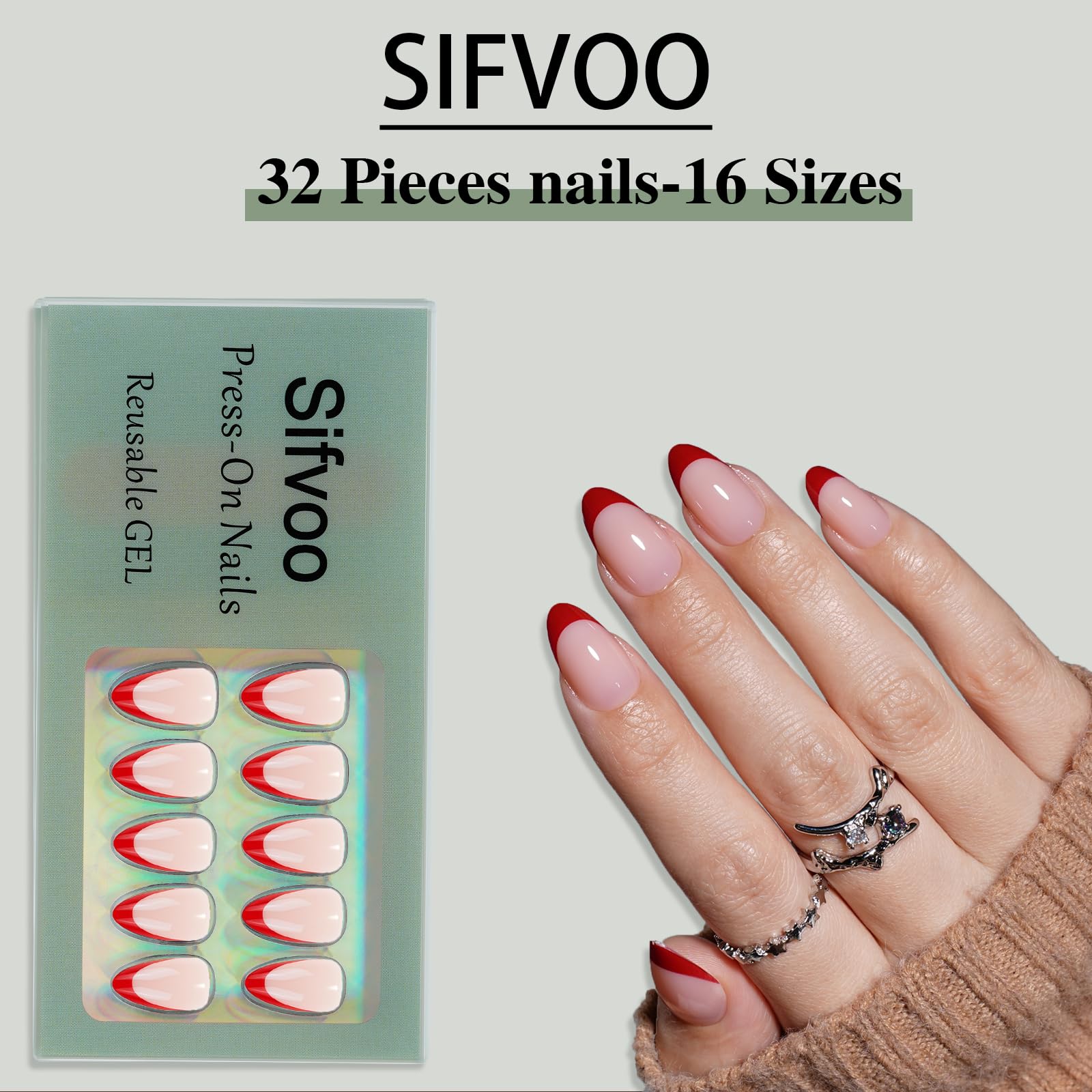 Uñas prensadas Sifvoo rojas con punta francesa y brillo en forma de almendra.