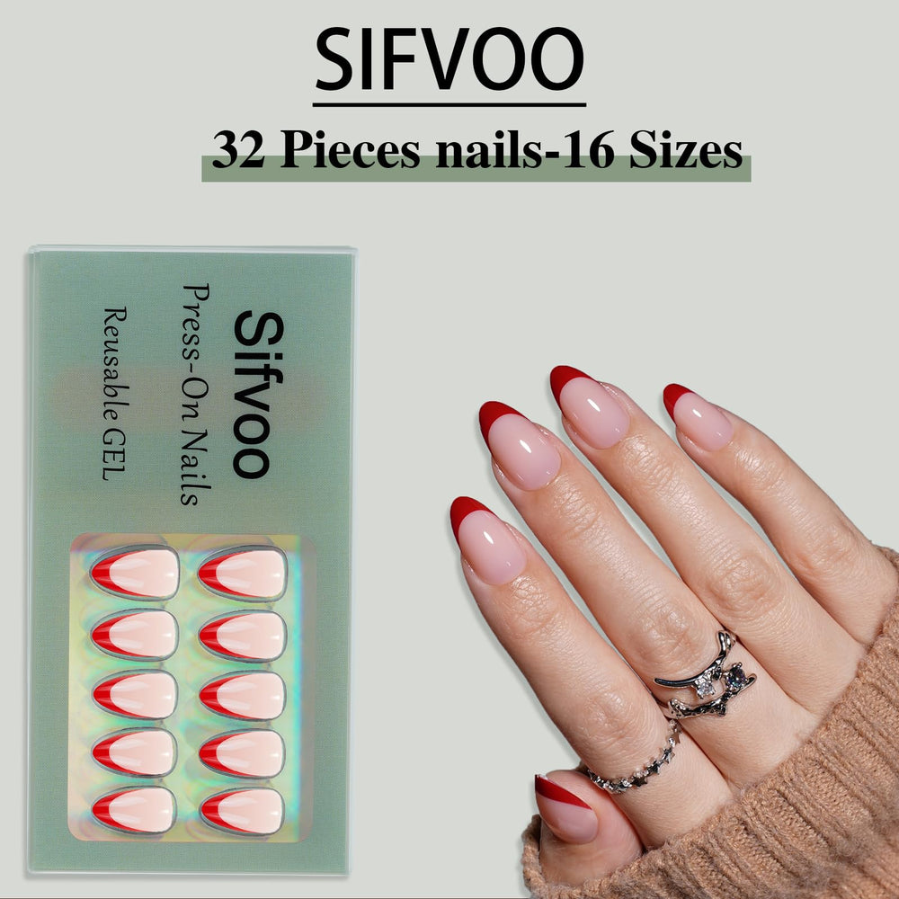 Uñas prensadas Sifvoo rojas con punta francesa y brillo en forma de almendra.