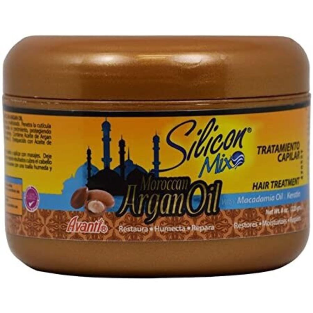 Silicon Mix tratamiento capilar de argán, frasco de 8 oz para brillo y manejo suave.