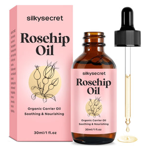 SilkySecret aceite rosa-hip en bote para hidratación profunda sin grasa.
