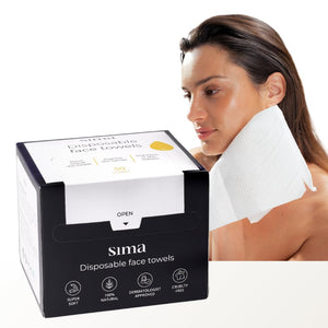 Toalla desechable para rostro Sima, secado suave y sin pelusas para piel sensible.