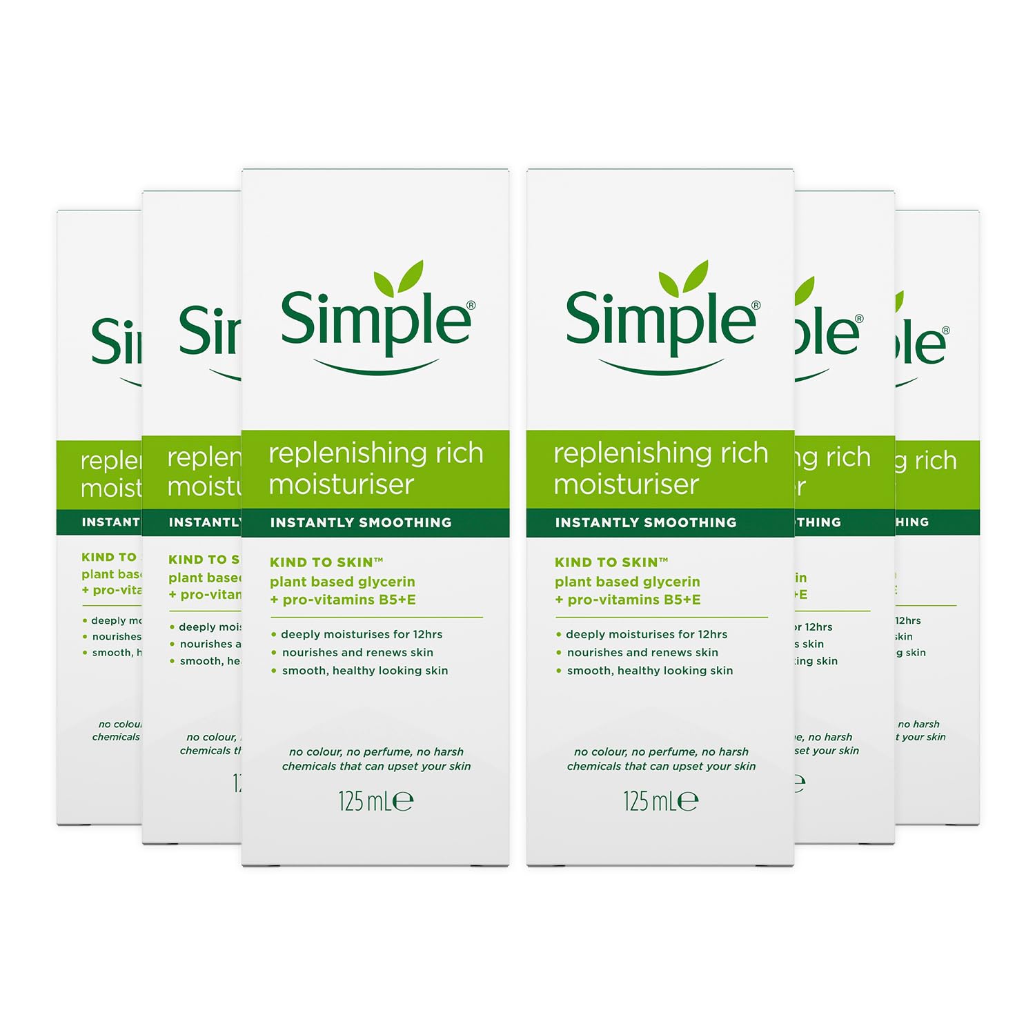 Crema hidratante Simple en envase 125 ml, hidratación instantánea para rostro.