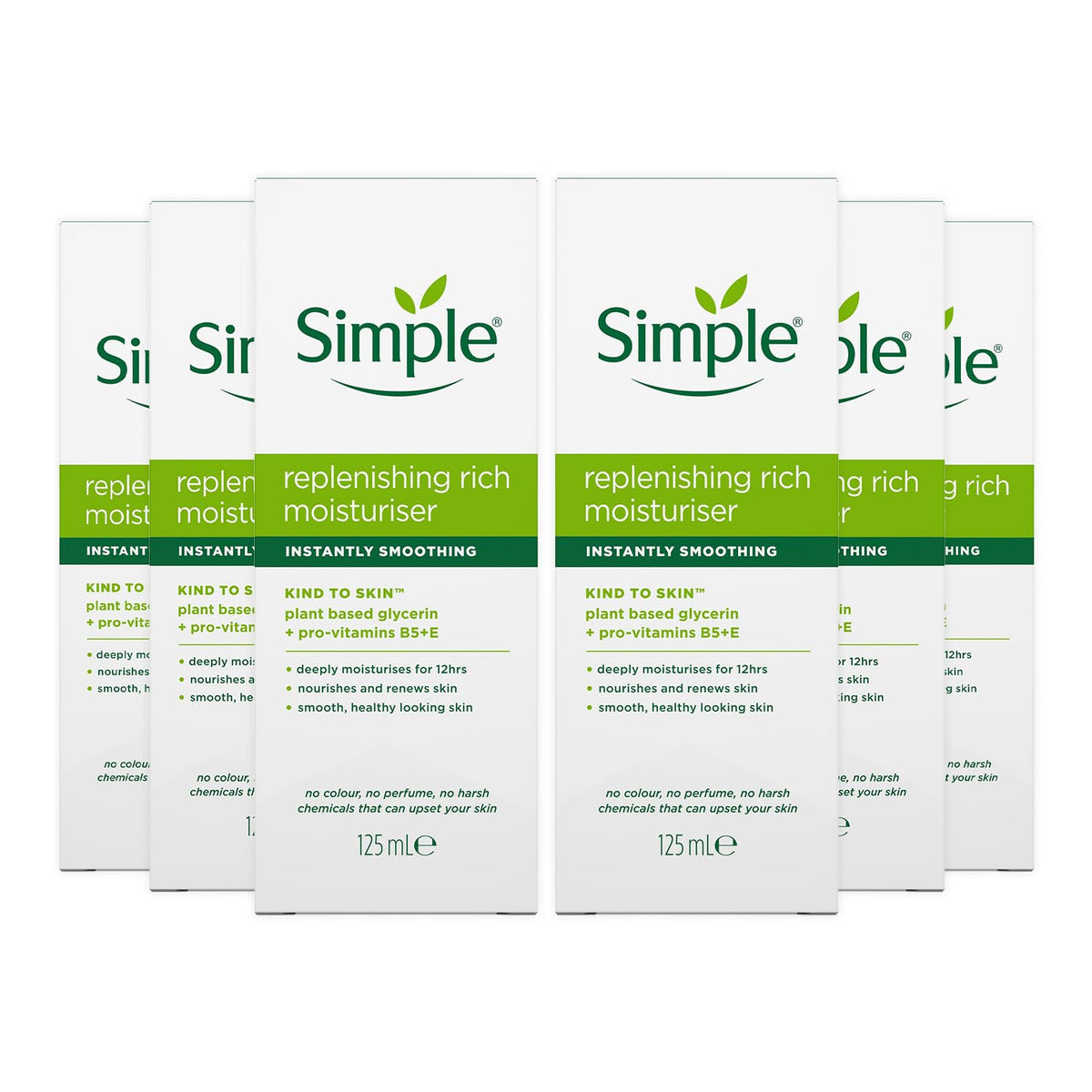 Crema hidratante Simple en envase 125 ml, hidratación instantánea para rostro.