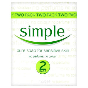 Simple jabon puro 2x125 g, empaque compacto para uso diario en rostro y cuerpo.