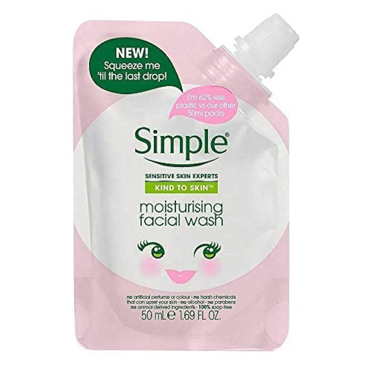 Simple limpiador facial mini en empaque flexible, ideal para viaje y piel sensible.