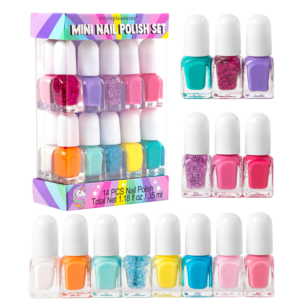 Set de esmaltes arcoíris de SIMPLE PLEASURES con destellos para uñas divertidas.
