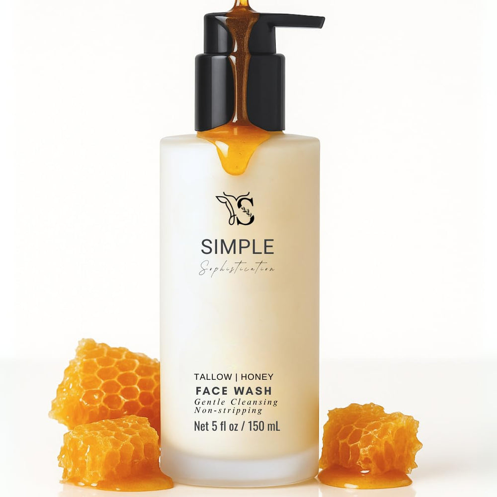 Simple Sophistication Leche limpiadora con miel y tallow, limpia suavemente y mantiene la hidratación.