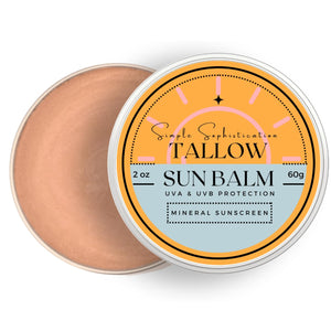 Simple Sophistication Tallow Sun Balm, vista frontal, protección suave para piel sensible.