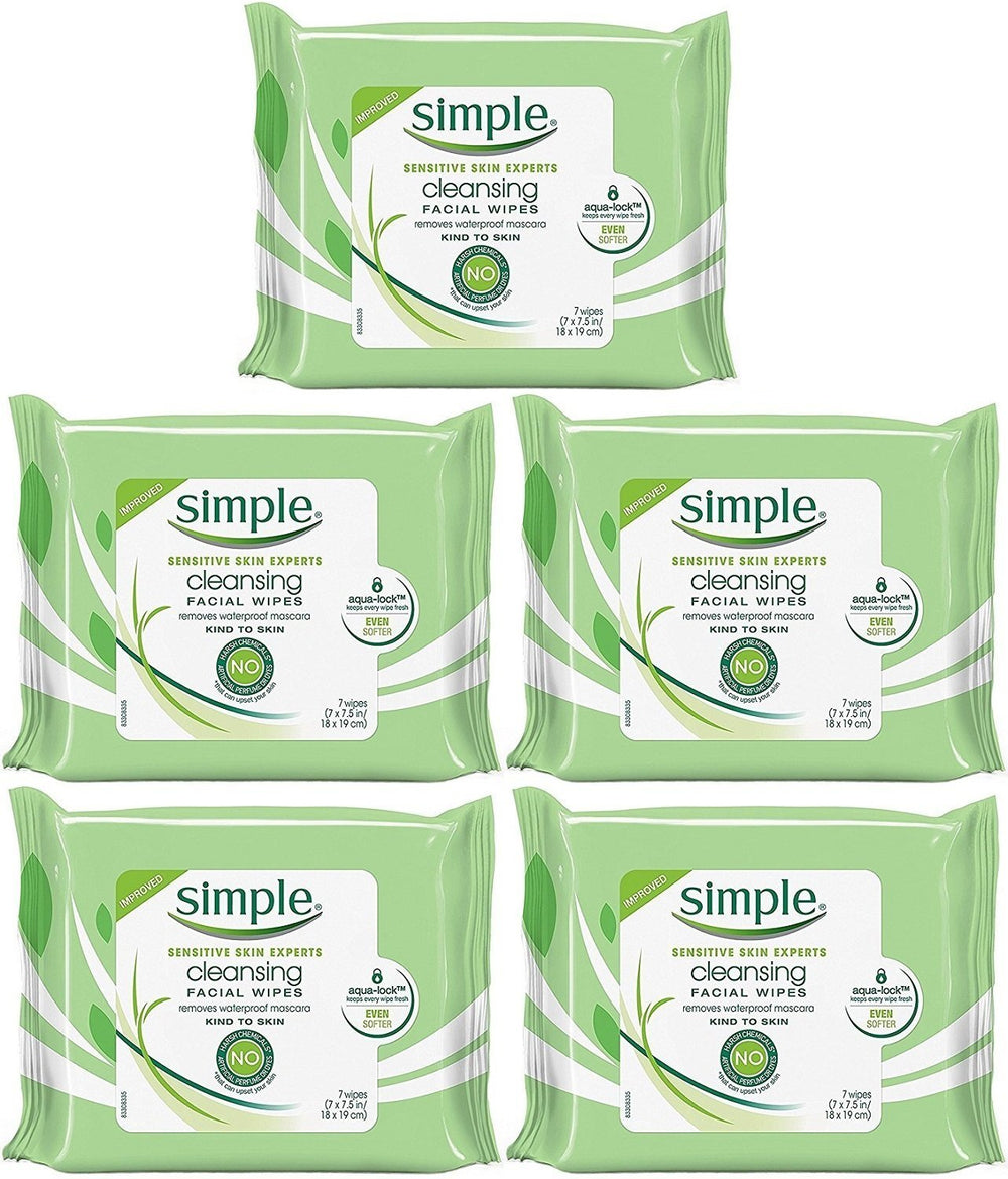 Toallitas Simple de limpieza facial de viaje para piel sensible y maquillaje resistente