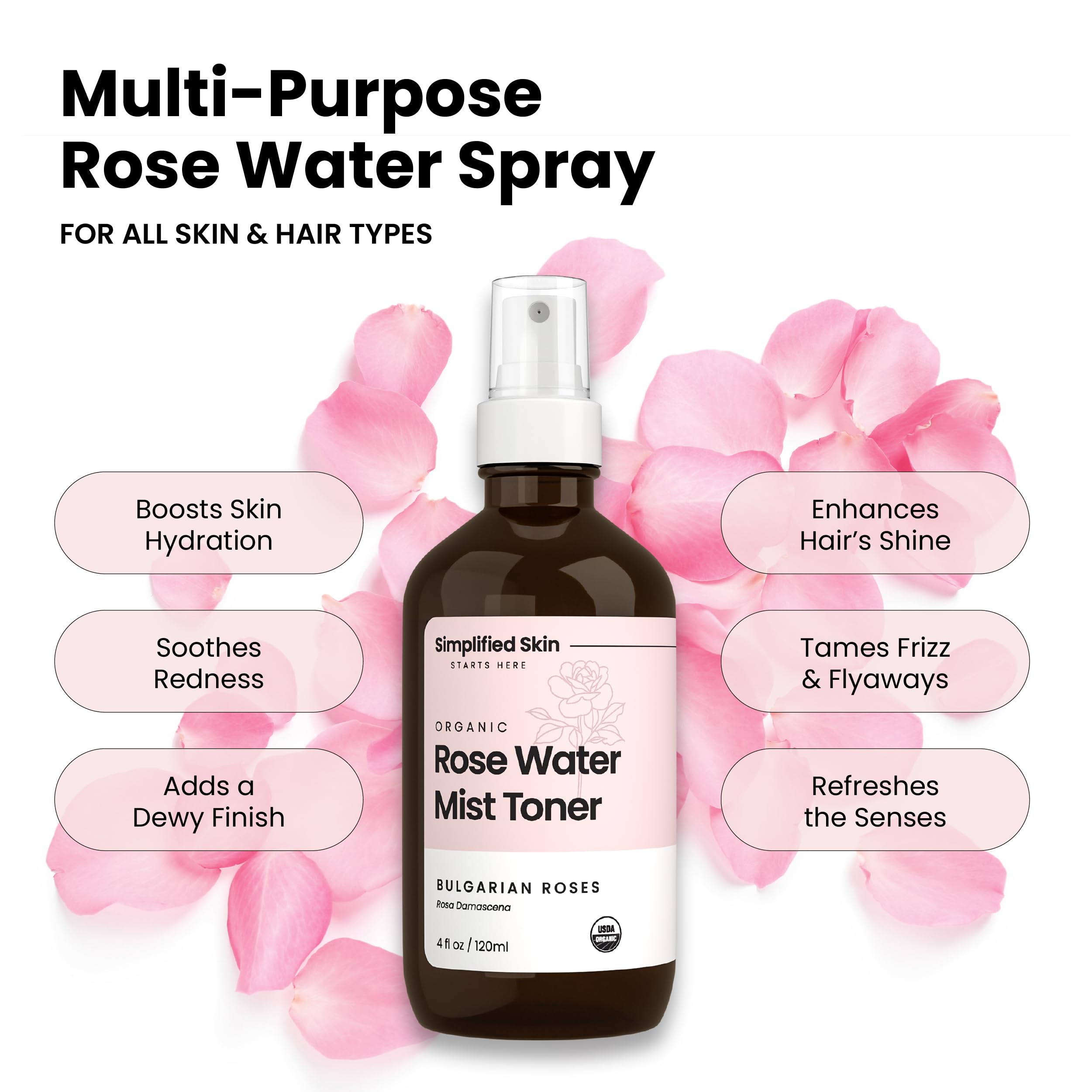 Bruma de rosas de Simplified Skin para piel, equilibra pH