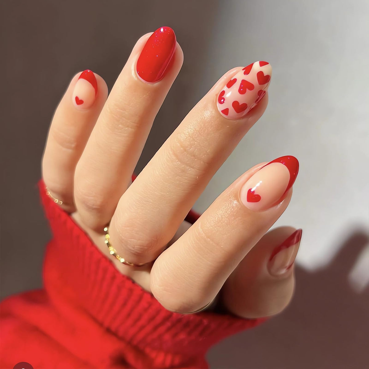 SINSEN uñas postizas almond con corazón rojo y diseño francés elegante