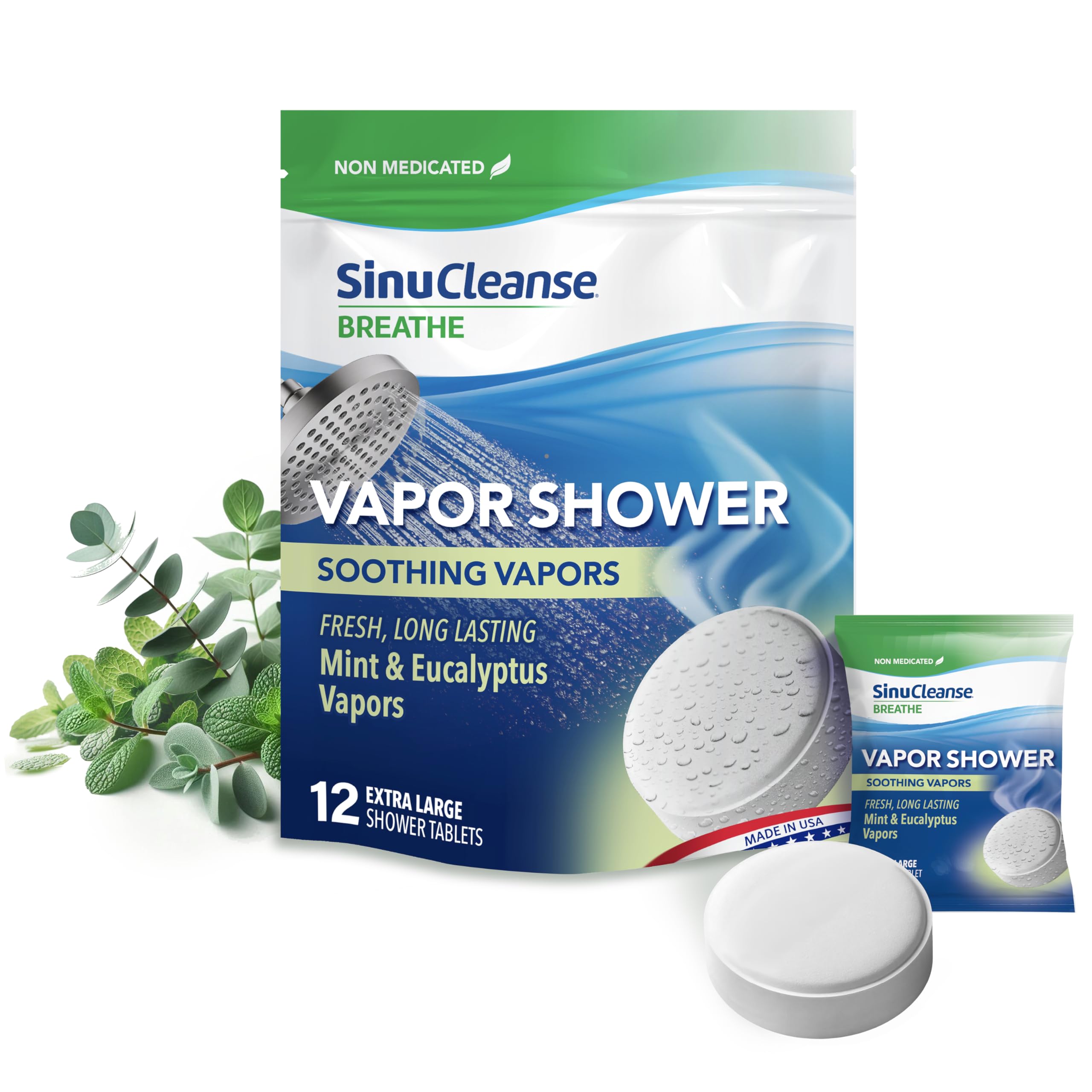 SinuCleanse: empaque de tabletas vapor para ducha, práctico para uso diario.