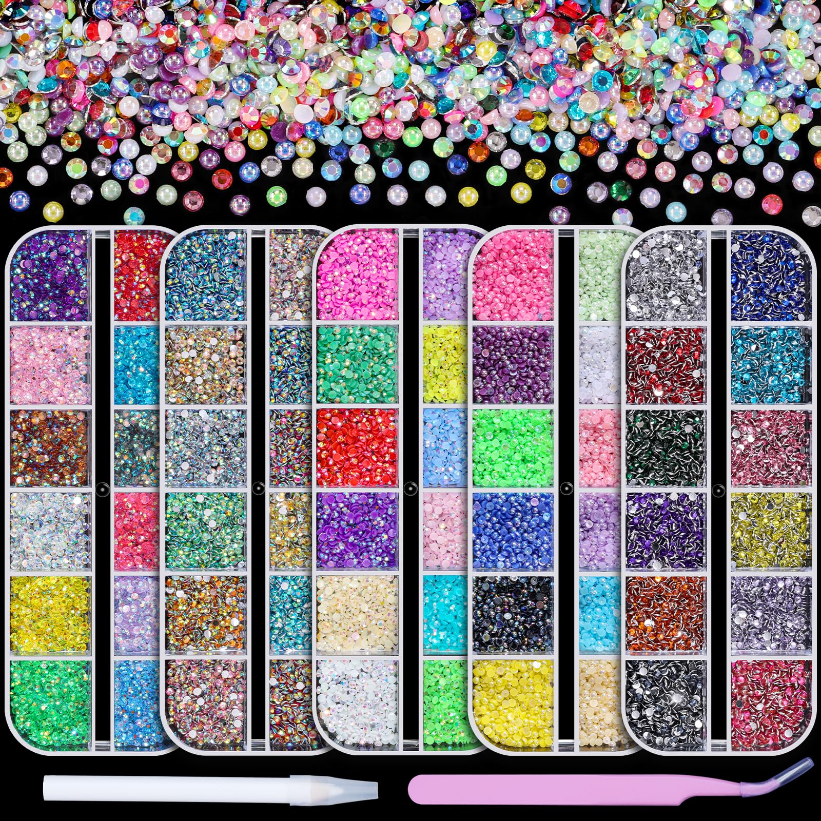 Piedras sinyanail flatback 2mm en caja, variedad de estilos para uñas brillantes.