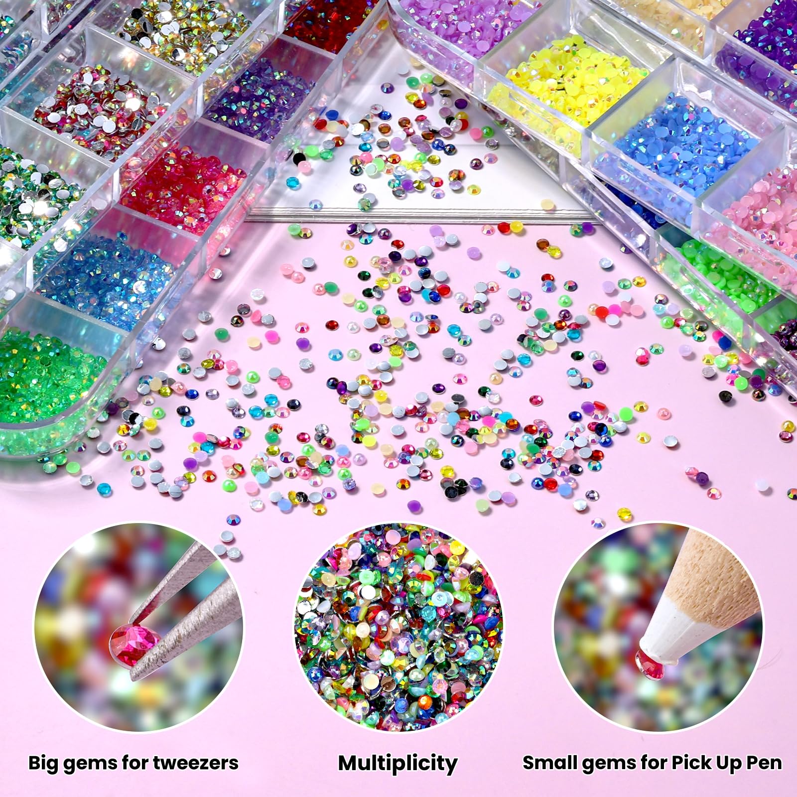 Piedras flatback 2mm transparentes con acabado AB de sinyanail para diseños brillantes.