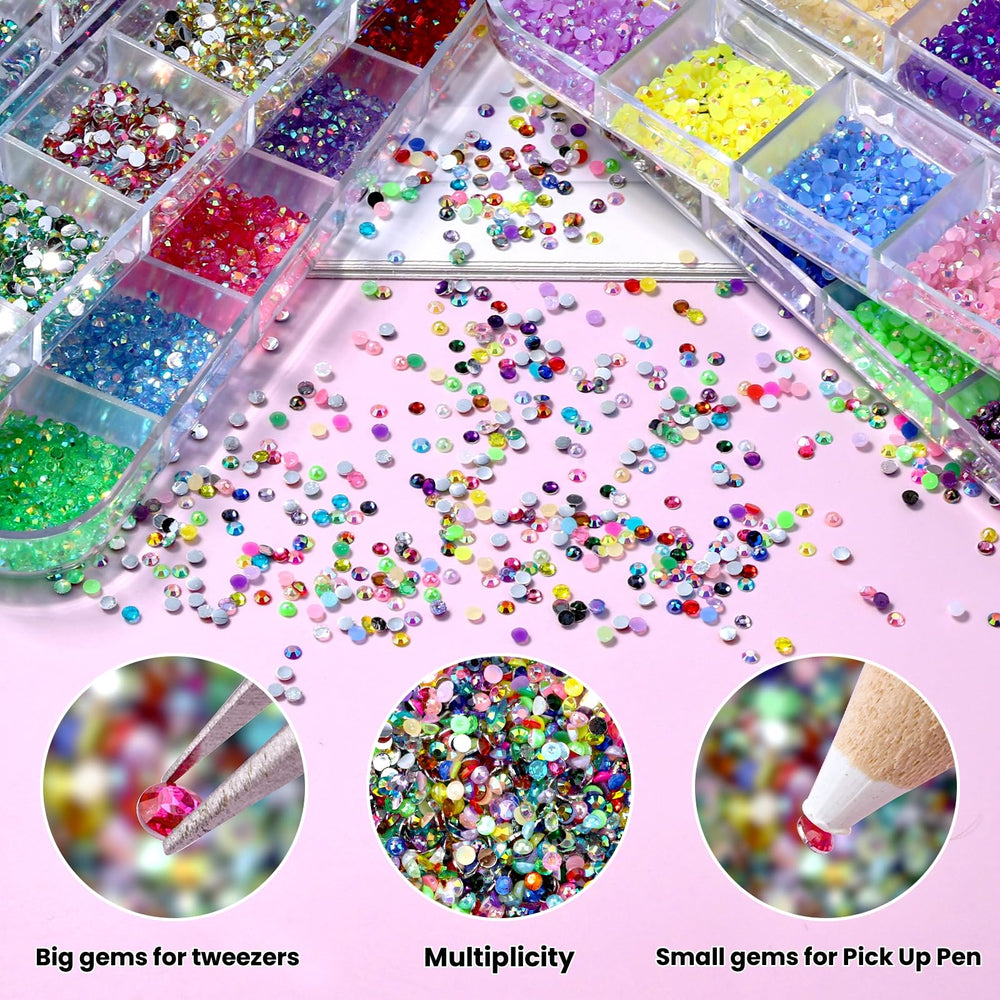 Piedras flatback 2mm transparentes con acabado AB de sinyanail para diseños brillantes.