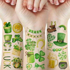 Tatuaje Skedimu día de San Patricio trébol acuarela, ideal para fiestas y accesorios festivos.