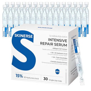 SKINERSE Serum: botella con gotero, hidratación prolongada para piel sensible.