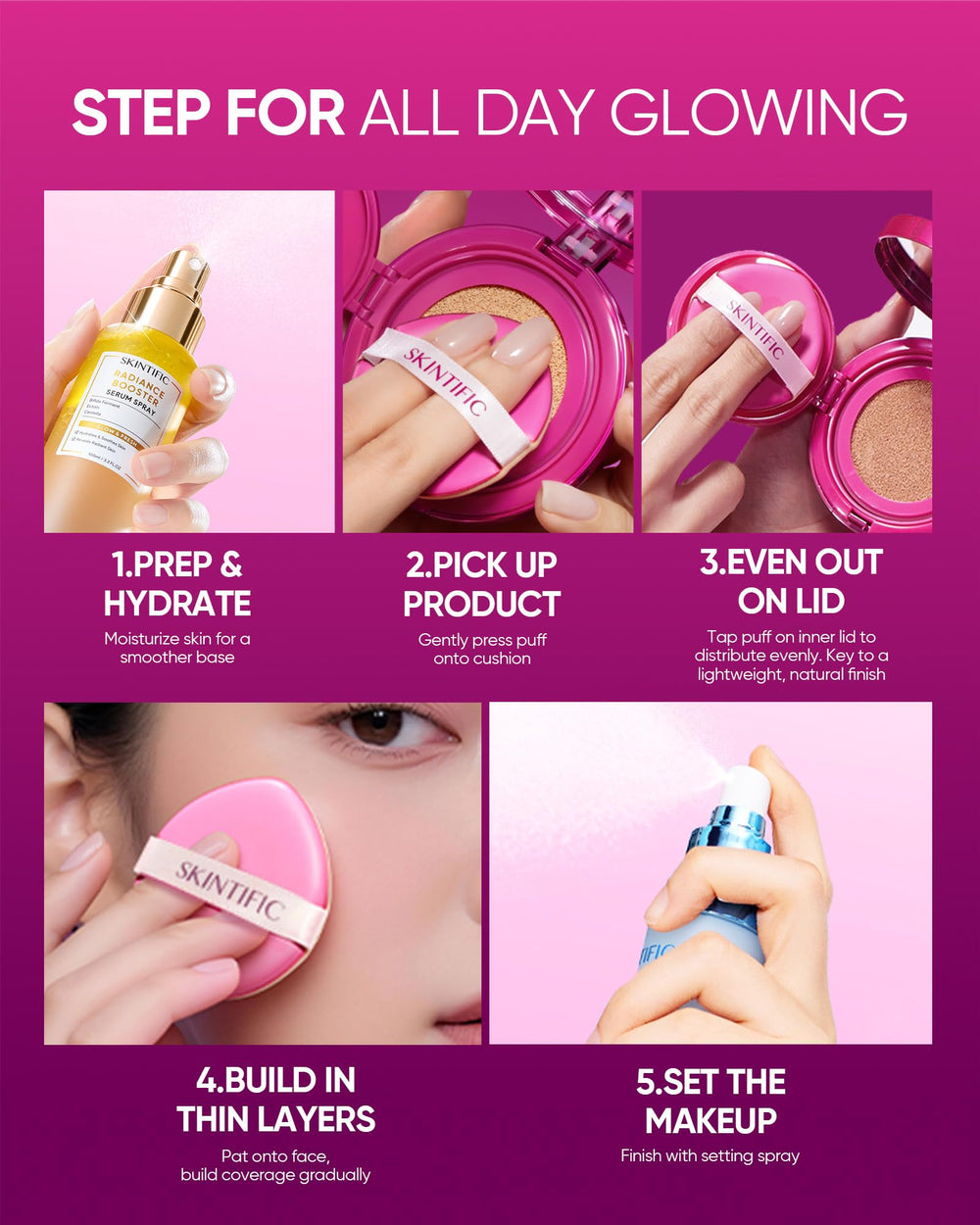 SKINTIFIC Pink Glow Base en Cojín, sensación suave durante todo el día.