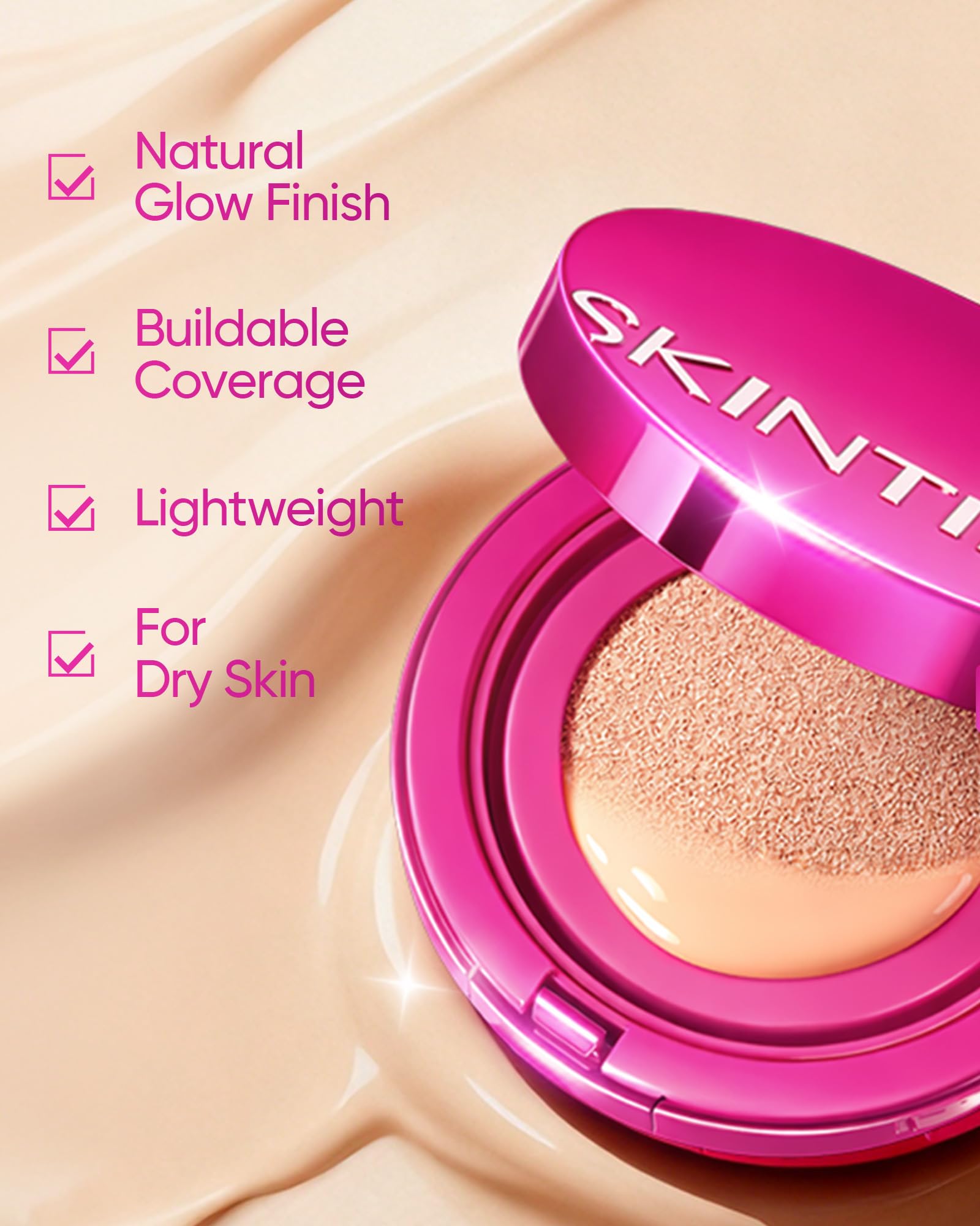 SKINTIFIC Pink Glow Base en Cojín, ideal para uso diario.